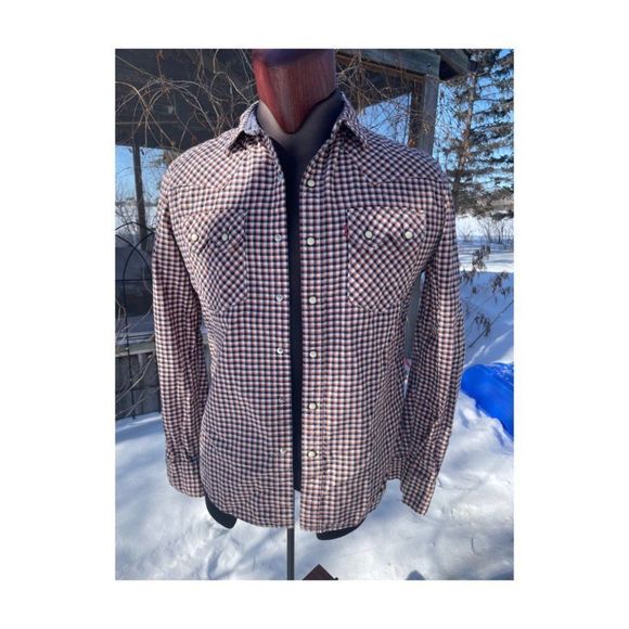 1980s Levi's Western Shirt Little e Black Orange Check Pearl Snap Sawtooth Pocke - Picture 5 of 10